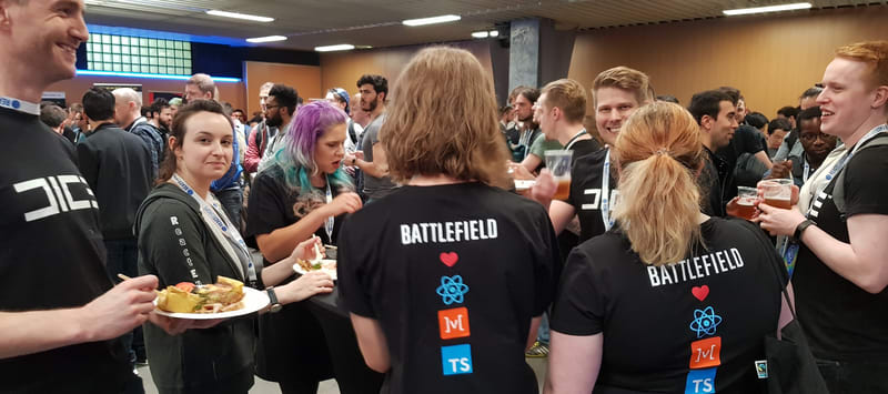 A team of DICE employees at React Europe 2018, wearing t-shirts describing their favorite stack: React, MobX, TypeScript!